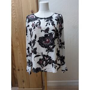 White House Black Market Floral Print Boho Blouse Size 6 Cream Multi Long Sleeve